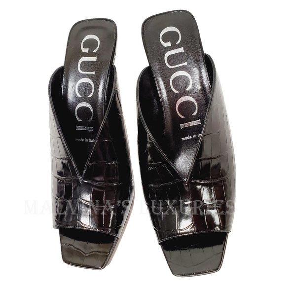 GUCCI SHOES BLACK CROCODILE PRINT SLINGBACK SANDALS OPEN TOE sz IT 38 US 8 - Picture 7 of 16